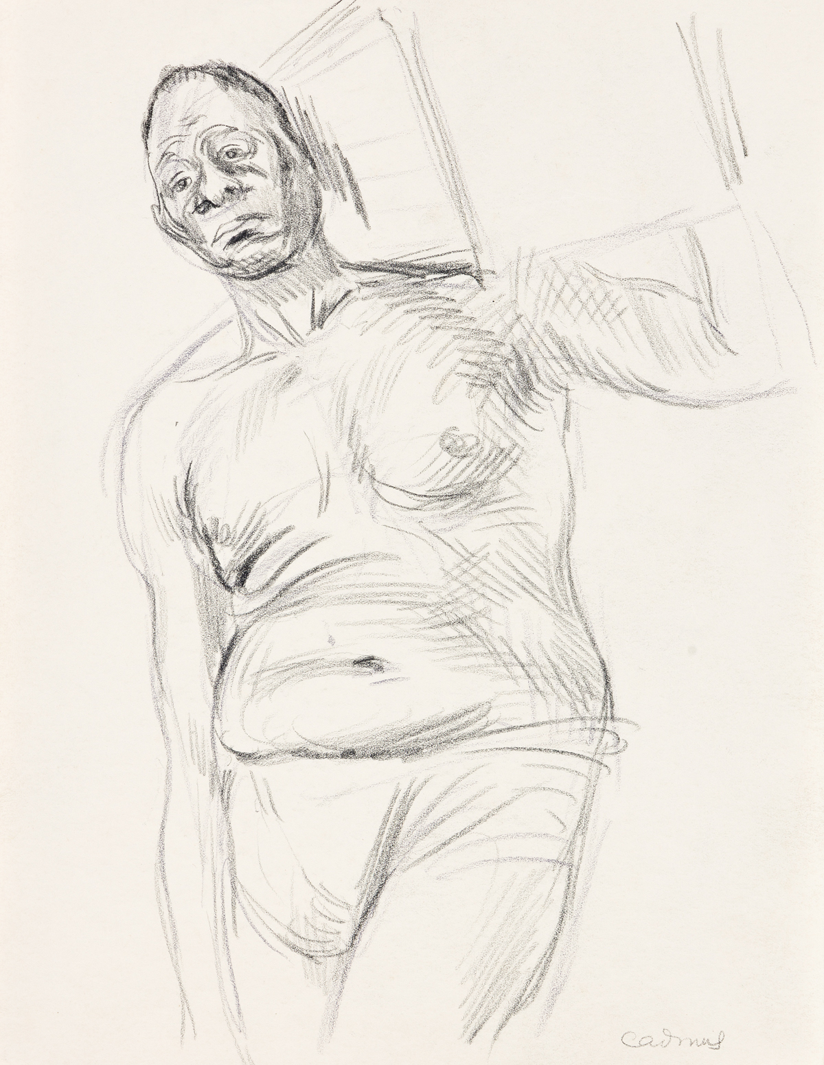 PAUL CADMUS (1904-1999) Study of a Male Model Carrying a Box on his Shoulder.